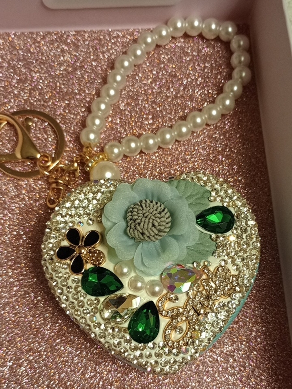 Embellished Heart Charm Mirror Keychain with Pearls and Green Gems